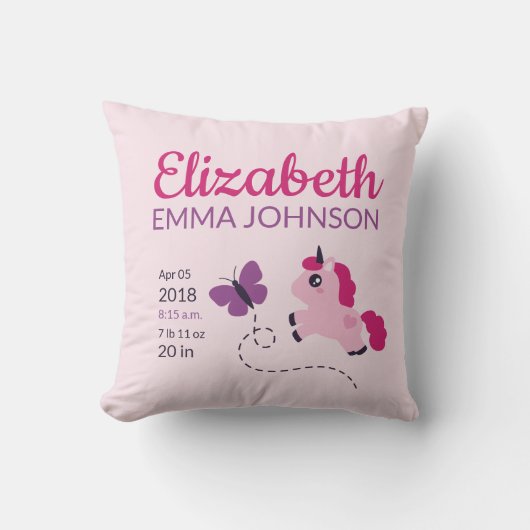 Coussin Cute Unicorn Baby Stats de naissance (Recto)