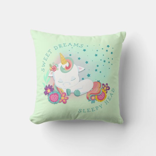 Coussin Cute Unicorn Nom Sweet Dreams Sleepy Head Green (Recto)