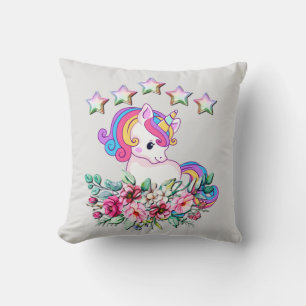 Coussin Cute Unicorne, Étoiles Colorées Et Aquarelle Flora