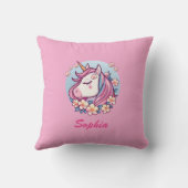 Coussin Cute Unicorne & Fleurs, Personnaliser le nom (Verso)
