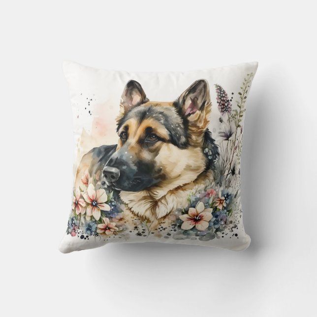 Coussin Cute Watercolor German Shepherd Dog (Verso)