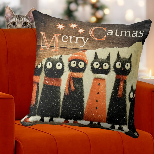 Coussin Cute Whimsical Cats Rustic Christmas (Christmas pillow featuring a whimsical painting of cute cats on rustic wood. Original for cat lovers)