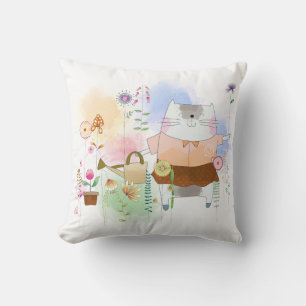 Coussin Cute Whimsical Chat Fleurs de jardinage été
