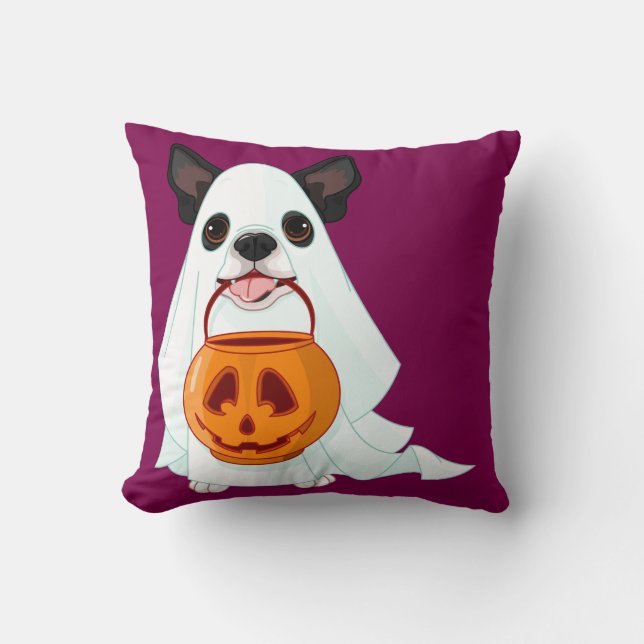 Coussin Cute White Halloween Ghost Dog Pumpkin Pail Art (Recto)