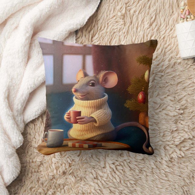 Coussin Cute Winter Mouse Boire un thé (Couverture)