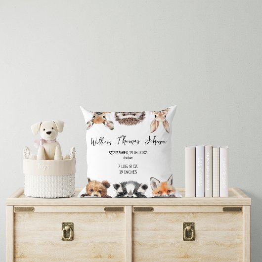 Coussin Cute Woodland Animals Baby Birth Stats