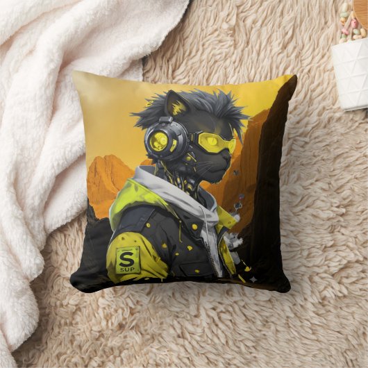 Coussin Cyber Cat | Chat Hacker Néon Futuriste Cyberpunk (Couverture)