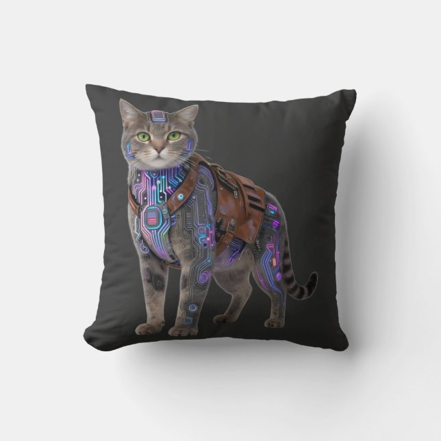 Coussin Cyberpunk Circuit Cat – Neon Tech Beast (Recto)