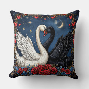 Coussin Cygnes blancs et noirs avec des cœurs et des roses