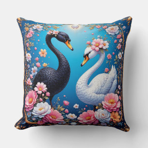 Coussin Cygnes de mariage encadrés d'or et de fleurs