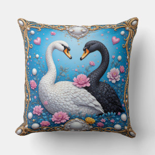 Coussin Cygnes de mariage encadrés d'or et de fleurs
