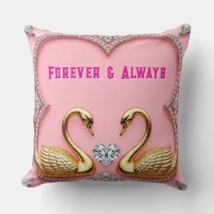 Coussin Cygnes dorés Orné Diamant Cœur Rose Romantique