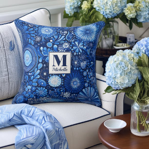 Coussin d'accent de monogramme bleu moderne Shibor