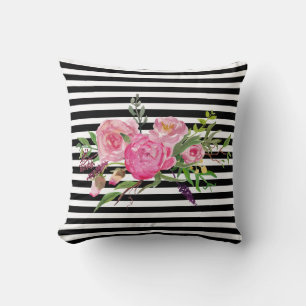 Coussin d'accent de pivoines et de rayures
