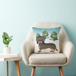 Coussin Dachshund à poil dur sanglier en forêt hivernale