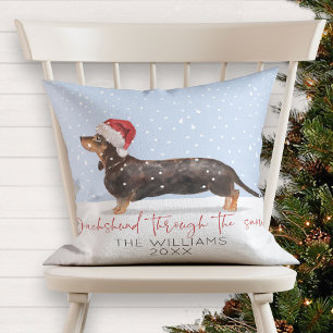 Coussin DACHSHUND À TRAVERS LA NEIGE mignon Monogramme de 