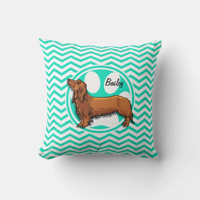 Coussin Dachshund ; Aqua Green Chevron (Recto)