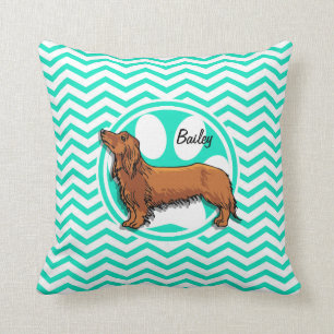 Coussin Dachshund ; Aqua Green Chevron