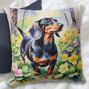 Coussin Dachshund Chien Saucisse Fleurs de Forêt Aquarelle