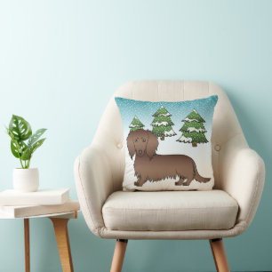 Coussin Dachshund Chocolat à Poils Longs Mignon - Forêt d'