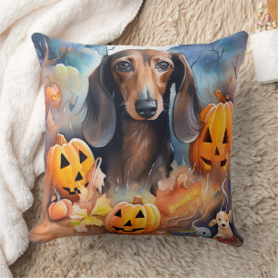 Coussin Dachshund Halloween avec citrouilles épouvantable