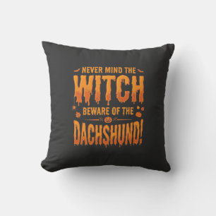 Coussin Dachshund Halloween Sorcière Avertissement Typogra