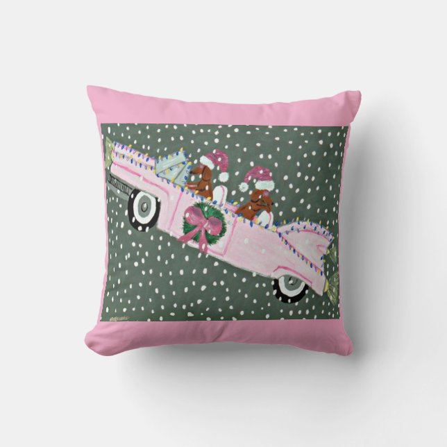 Coussin Dachshunds à Noël dans une décapotable rose (Recto)