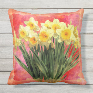 Coussin Daffodiers jaunes d'aquarelle sur le corail