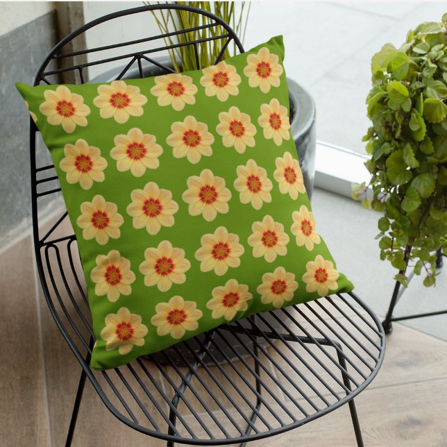 Coussin Dahlia jaune motif floral sur vert (In Situ Patio)