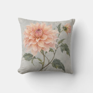 Coussin Dahlia Rose Abricot Gris Doux Aquarelle Botanique