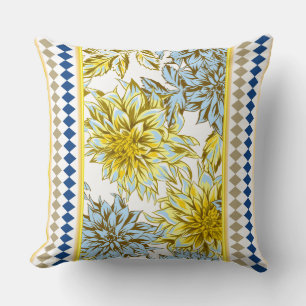 Coussin Dahlias jaune bleu avec motif