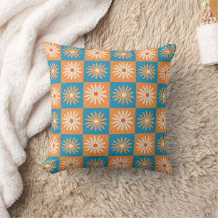 Coussin Daisy à carreaux sur damier bleu et orange