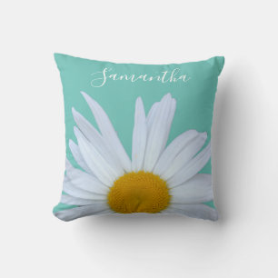Coussin Daisy Photo Turquoise Green Elegant White Script