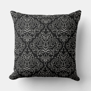 Coussin Damas à Rouleaux Blanc sur Noir Grand Motif