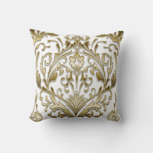 Coussin Damas blanc et or floral vintage élégant