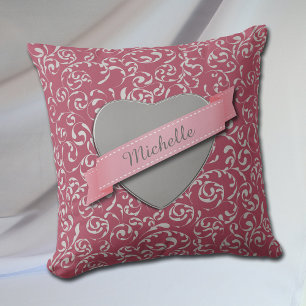 Coussin Damas du coeur d'argent sur rose Personnalisé