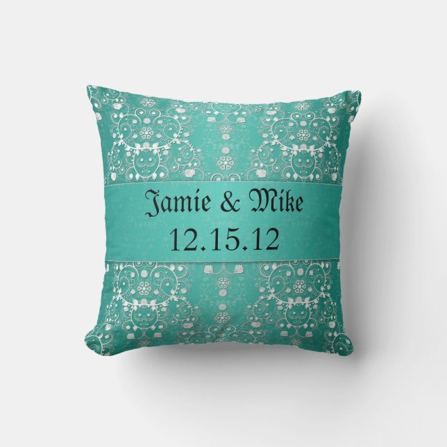 Coussin Damas florale turquoise et blanche (Recto)
