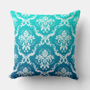 Coussin Damas Florales Blanches Sur Gradient Turquoise