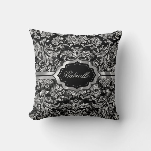Coussin Damas Florales Gris Noir Et Argent Monogrammes (Recto)