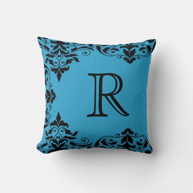 Coussin Damas Monogramme bleu et noir (Recto)