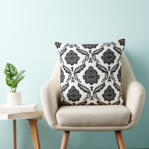 Coussin Damas Rococo Grand Motif Noir sur Blanc