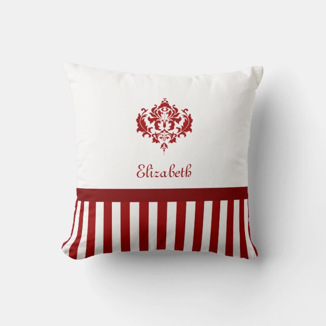Coussin Damas rouge et blanc classique avec stries et nom (Recto)