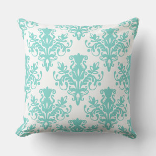 Coussin Damask 02 Motif - Aqua Blue sur blanc