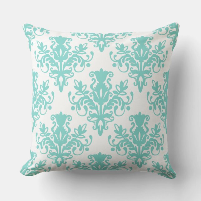 Coussin Damask 02 Motif - Aqua Blue sur blanc (Recto)