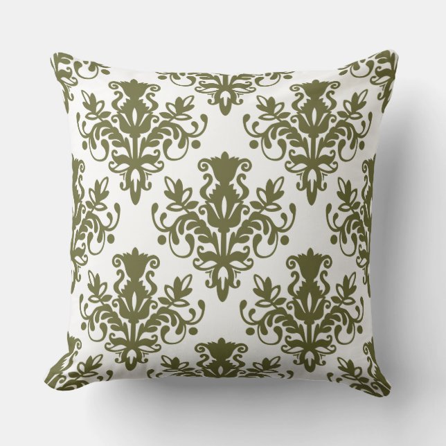 Coussin Damask 02 Motif - Olive profond sur blanc (Recto)