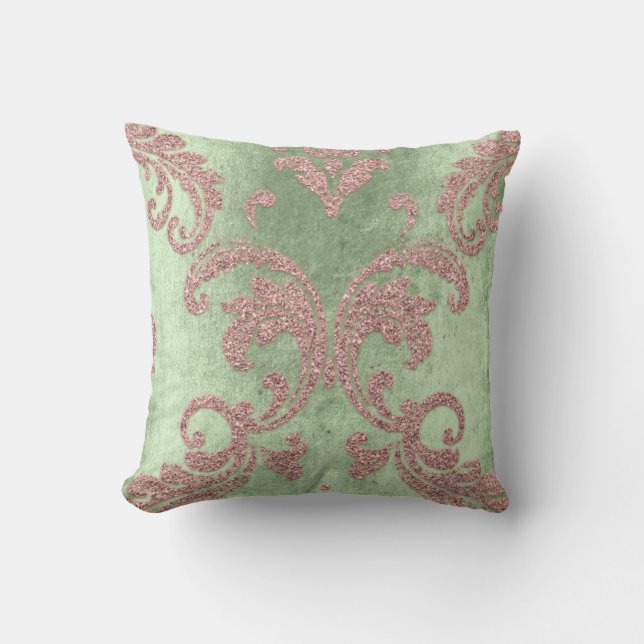 Coussin Damask Aqua Rose Mint Vert Cottage Velvet (Recto)