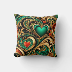 Coussin Damask Hearts Gold Coral Turquoise Répéter Motif