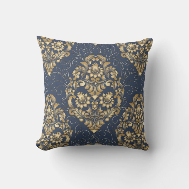 Coussin Damask Ornemental Bleu Doré Floral (Recto)