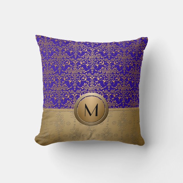Coussin Damassé à monogramme bleu royal et or (Recto)