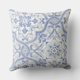 Coussin Damassé bleu et blanc de style campagnard français
